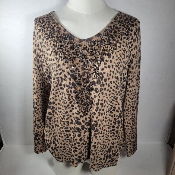 Chicos Leopard V-Neck Sequin Embellished Long Sleeve Sweater Womens Size 1 M/8 - Picture 1 of 11